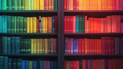 Fototapeta premium A vibrant rainbow bookshelf filled with colorful books in assorted shades, showcasing a spectrum of knowledge and creativity.