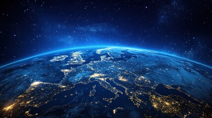 Fototapeta premium A stunning view of Earth from space, showcasing Europe illuminated at night against a deep cosmic backdrop.