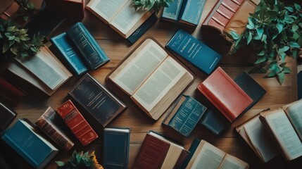 A vibrant collection of leather-bound books artfully arranged on a wooden surface, surrounded by lush greenery.