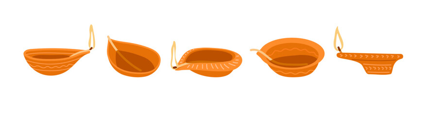 Diya set, Indian oil lamps. Festival Diwali, Deepavali lanterns. Handmade clay lamps in Indian traditions. Vector illustration isolated on white background. Design for card, invitation, flyer, poster
