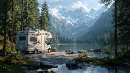 A serene mountain landscape featuring a camper van parked by a tranquil lake, surrounded by lush trees and towering peaks.