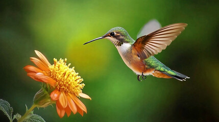 Fototapeta premium A tiny hummingbird hovering near a flower