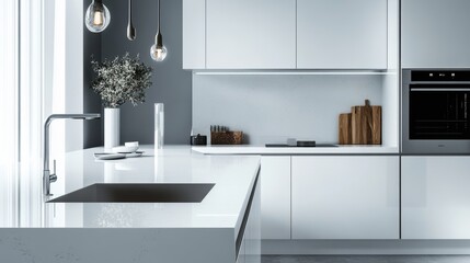 Modern Kitchen Design with White Cabinets and a Sleek Faucet.
