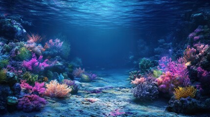 Naklejka premium A vibrant underwater scene filled with various coral species in stunning colors under serene blue lighting.