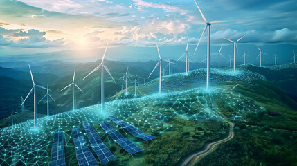 Futuristic electricity technology wind turbine solar panel farm sun sunlight wind power environmental conservation renewable technology green technology solar energy sustainable industry innovation
