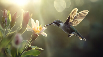 Fototapeta premium A tiny hummingbird hovering near a flower