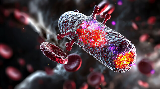 3D illustration of a bacterium with red blood cells in the background.