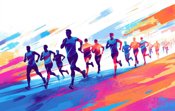 Dynamic illustration of runners in vibrant colors, showcasing movement and athleticism against a colorful abstract background.