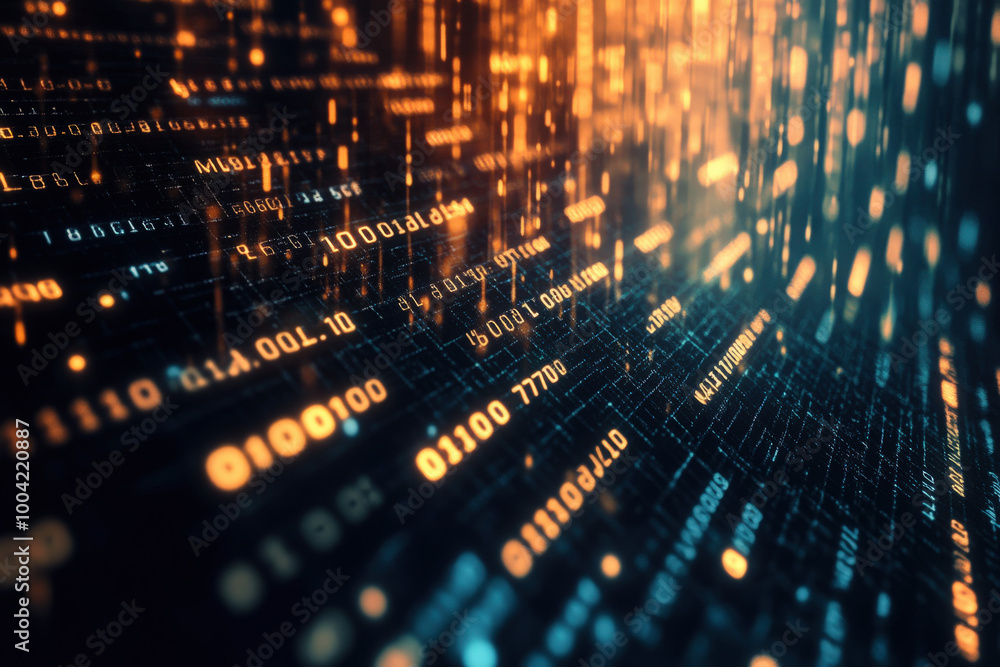 Poster captivating visual of cascading binary code streams glowing in vivid orange and blue hues, depicting