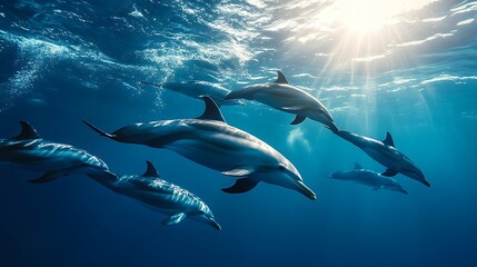 Playful pair of dolphins swimming under bright ocean sunlight