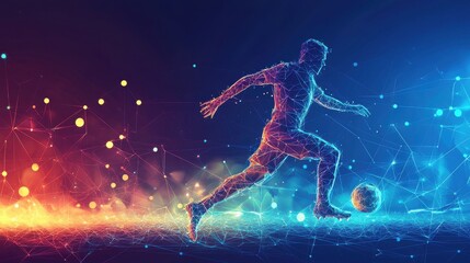 Naklejka premium Dynamic silhouette of a soccer player in action, surrounded by vibrant colors, illustrating motion and energy in sports.