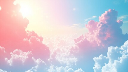 A vibrant sky filled with fluffy pink and white clouds bathed in soft sunlight, creating a dreamy atmosphere.