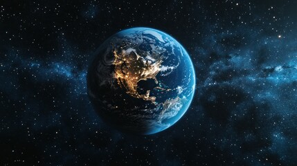 Fototapeta premium A stunning view of Earth from space, showcasing vibrant city lights against a backdrop of stars.