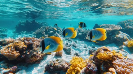 Fototapeta premium Vibrant underwater scene featuring colorful tropical fish swimming among coral reefs.