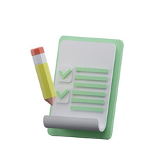 Clipboard paper with task management todo check list and pencil. 3d render illustration Isolated on Transparent Png Background