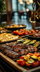 Exquisite Buffet Display with Grilled Steak and Roasted Vegetables in Elegant Hotel Dining Setting