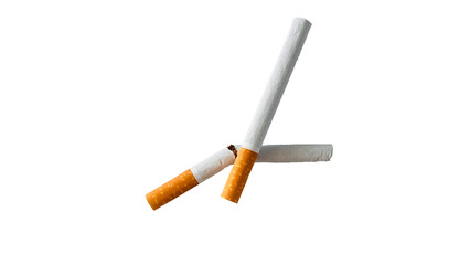 A close-up of two cigarettes, with one of them broken, placed on a isolated white background.

