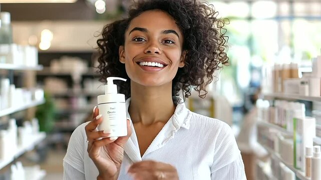 joyful woman at a cosmetic store, holding a skincare product and smiling warmly, with copy space available for text or branding