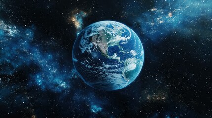 Fototapeta premium A stunning view of Earth from space, showcasing its vibrant blue oceans and swirling clouds amidst a starry backdrop.