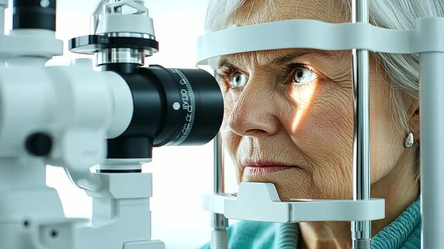 Senior woman undergoing a thorough eye and vision exam at the ophthalmologist's office, with doctor adjusting the phoropter