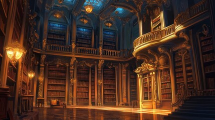 Obraz premium A grand, ornate library with golden accents and warm lighting, showcasing shelves filled with books.