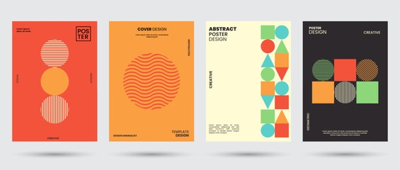 Abstract collection of geometric shapes backgrounds. Brutal contemporary figure circle oval wave patterns. Vintage color, cover, groovy, trippy, decoration, geometric, banner. Swiss design aesthetic