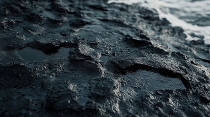 Close-up of dark, textured rock surface with small pools of water reflecting light.