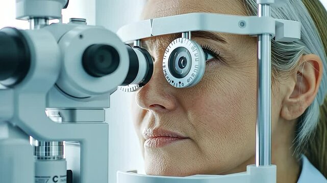 Senior woman undergoing a thorough eye and vision exam at the ophthalmologist's office, with the doctor adjusting the phoropter