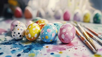 Colorful Easter eggs decorated with polka dots, set against a vibrant watercolor background.