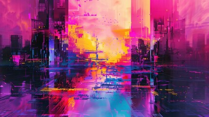 Abstract Cityscape with Vibrant Colors and Light Effects