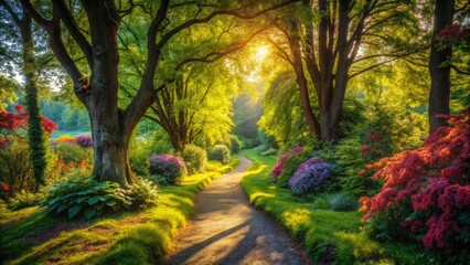 Obraz premium A Cozy Path Inviting Exploration in a Serene Natural Landscape with Lush Greenery and Soft Light