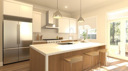 Fototapeta premium Modern Kitchen with Island and Stainless Steel Appliances.