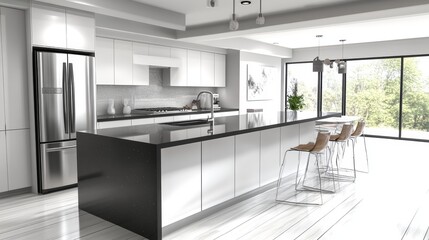 Modern kitchen interior with white cabinets and black countertop.