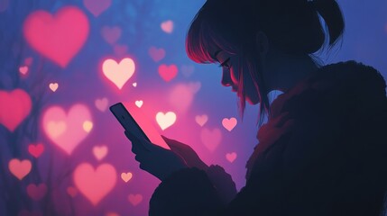 Girl with Phone Surrounded by Hearts