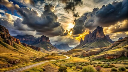 Serenity at the Summit Remote Mountain Pass Landscape with Dramatic Clouds Rock Formations Travel Inspiration