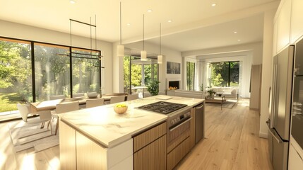 Modern Kitchen Interior Design with Island and Stainless Steel Appliances.