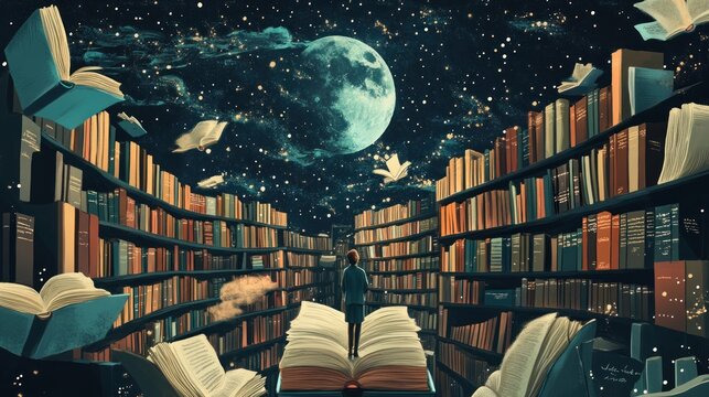 A young girl stands on an open book in a dreamlike library surrounded by floating books and a glowing moon.