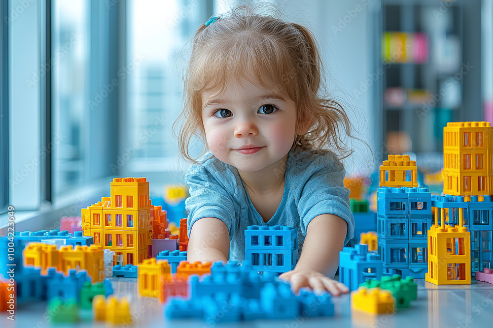 Poster a child using building blocks to create an imaginary city, demonstrating open-ended play. concept of