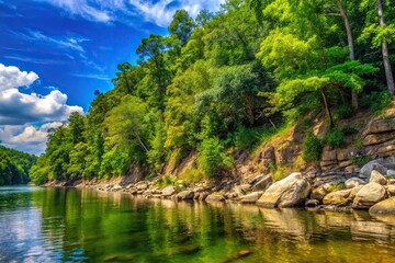 Overgrown trees along a rocky river bank reflecting in the water