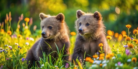 Obraz premium Adorable Bear Cubs Playing in a Natural Habitat Surrounded by Lush Greenery and Wildflowers