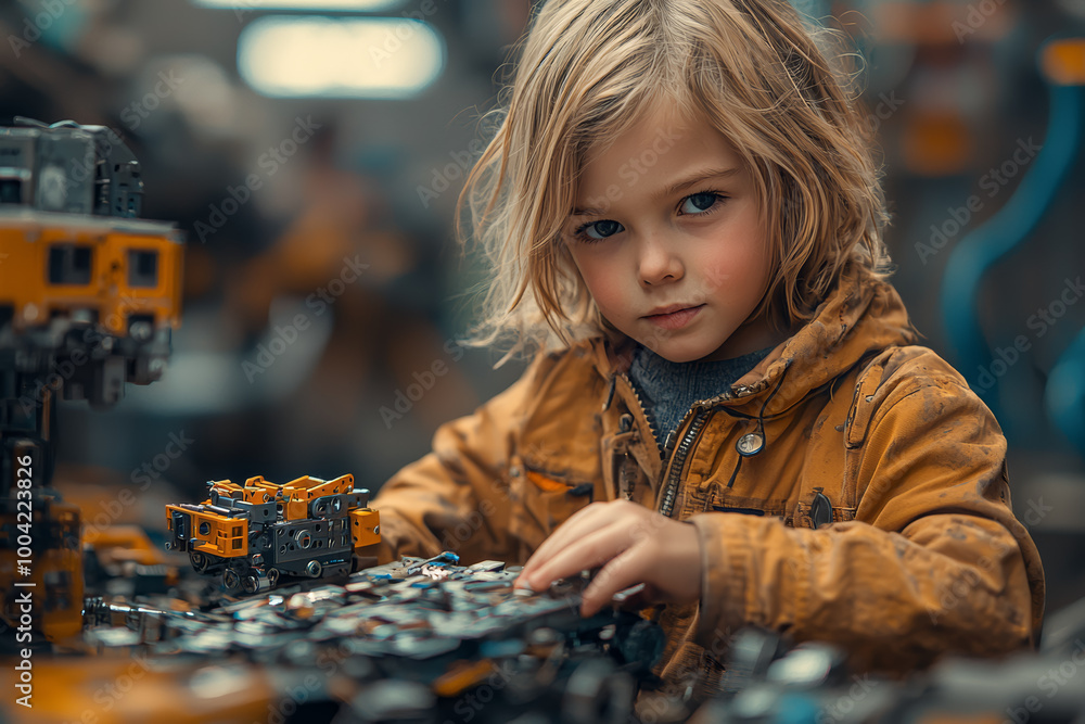 Poster a child building a robot from scrap materials, showing imagination in action. concept of invention.