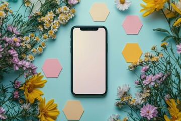 Mockup of a blank iPhone screen surrounded by pink and white flowers and hexagonal shapes on a blue background.