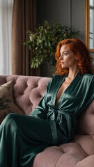 Fototapeta premium Elegant red-haired woman in green satin robe relaxing on a pink tufted sofa in soft light.