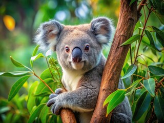 Fototapeta premium Adorable Koala Climbing a Tree in its Natural Habitat Surrounded by Lush Green Leaves and Branches