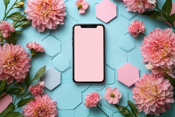 Mockup of a blank iPhone screen surrounded by delicate pink and white flowers on a pastel geometric background