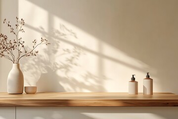  Wooden countertop in the kitchen. Empty product table against a beige wall background. Brown podium for presentation. Interior with a platform for advertising eco-cosmetics. 