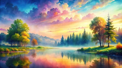 Dreamy watercolor landscape with soft blending of bright colors for serene nature scenes