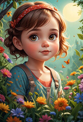 Children's illustration of a cartoon girl close-up in a surreal style	