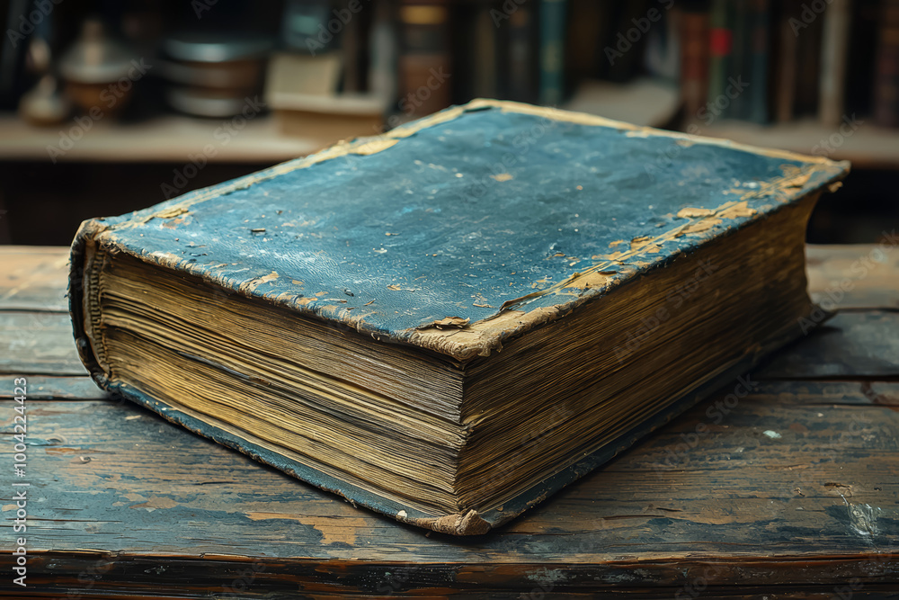 Poster a book with worn and yellowed pages, showing the toll of time on even cherished objects. concept of 
