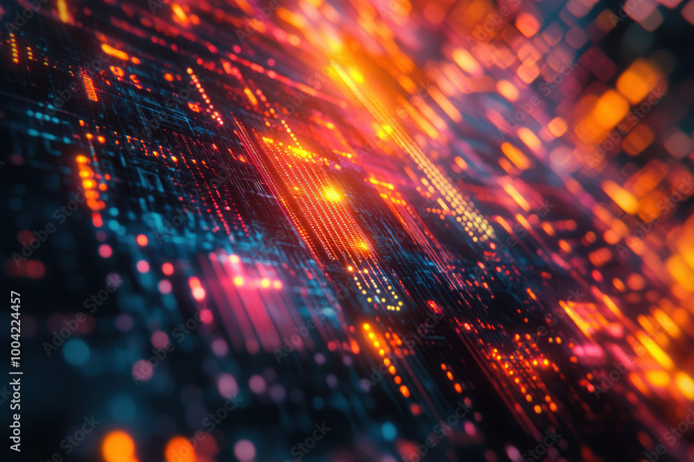 Poster dynamic abstract visualization of bright colored lights and lines representing technology and data f